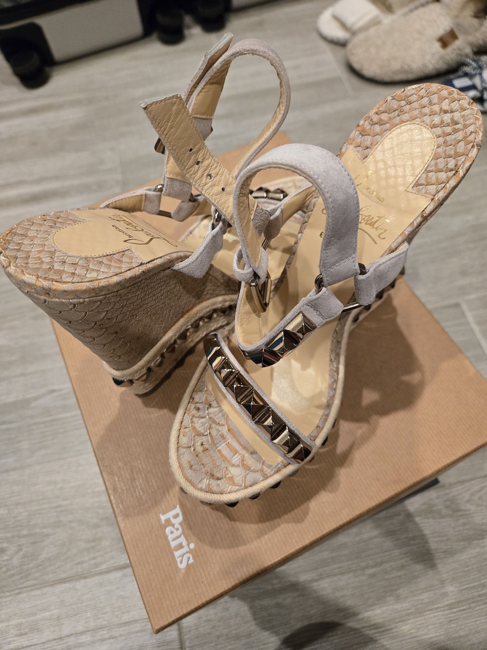 Christian Louboutin Beige Wedge Sandals with Studded Straps